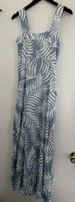 Blue White Leaf Print Sleeveless Maxi Dress Square Neck Women's Long Casual