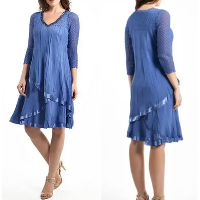 New! Komarov Tiered Chiffon V-Neck 3/4 Sleeve A-Line Pleated Dress, size L  | eBay