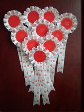 Ten White Rosettes with Red Love Heart Design With Pony Party.