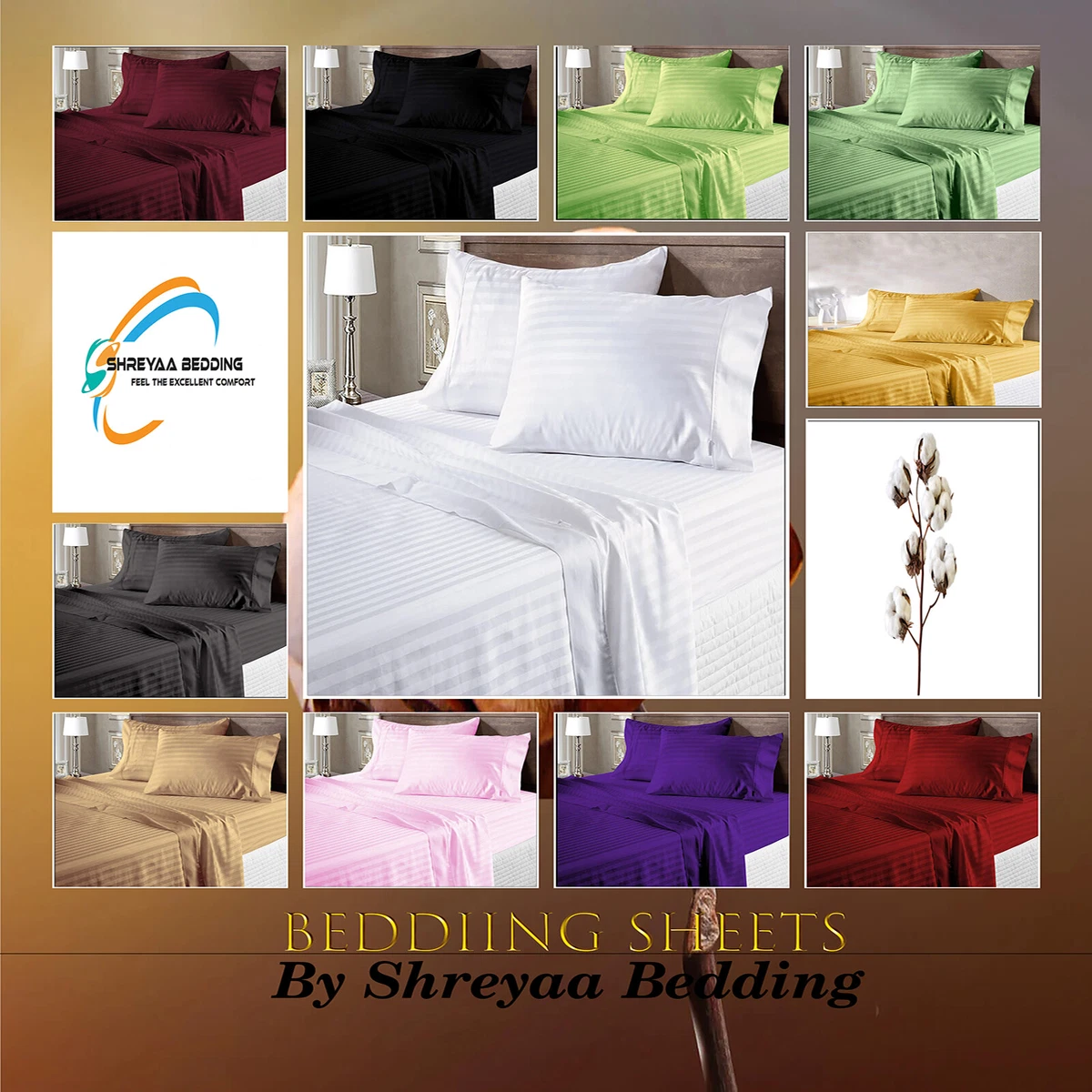 10-inch Deep Pockets, Sheet Set 800-TC, 100% Egyptian Cotton ,custom Made  4-piece Bedsheet, 2 Pillowcases, 1 Flat Sheet and 1 Fitted Sheet 