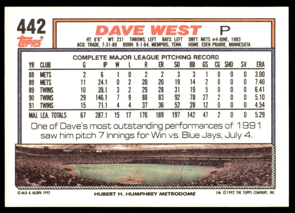 1992 Topps Dave West Minnesota Twins #442 - Image 2 of 2