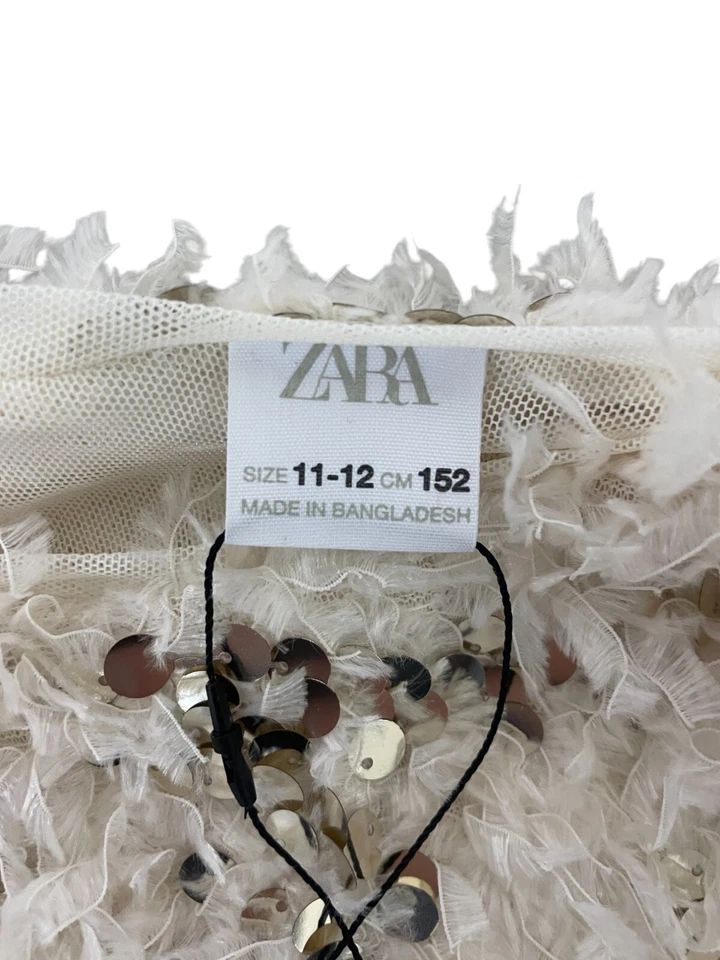 Camisa Top Zara Niñas Talla 11-12 Blanca Adornada Pluma Lentejuelas 2878/721 Nueva Con Etiquetas Foto 3 de 4