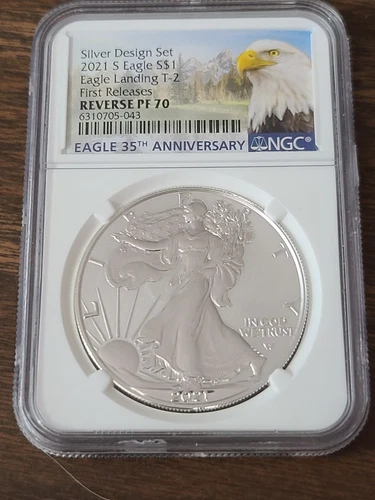 2021-S PF70 Reverse American Silver Eagle Design Set Landing T2 NGC Eagle Core