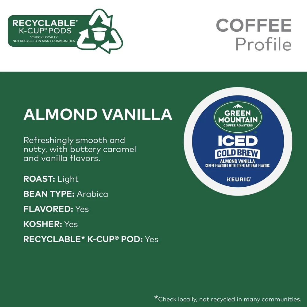 Green Mountain Coffee Roasters, Almond Vanilla Iced Cold Brew 60 K Cups - Bulk