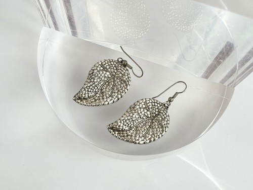 Silver Tone Vintage Leaf Shape Textured Dangle Earrings - Picture 2 of 10