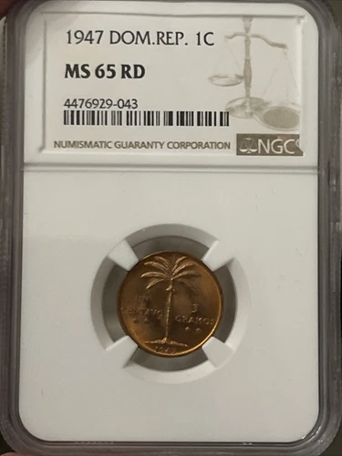 Dominican Republic 1 Centavo 1947, Coin, Km# 17, Palm Tree, NGC MS65 J2