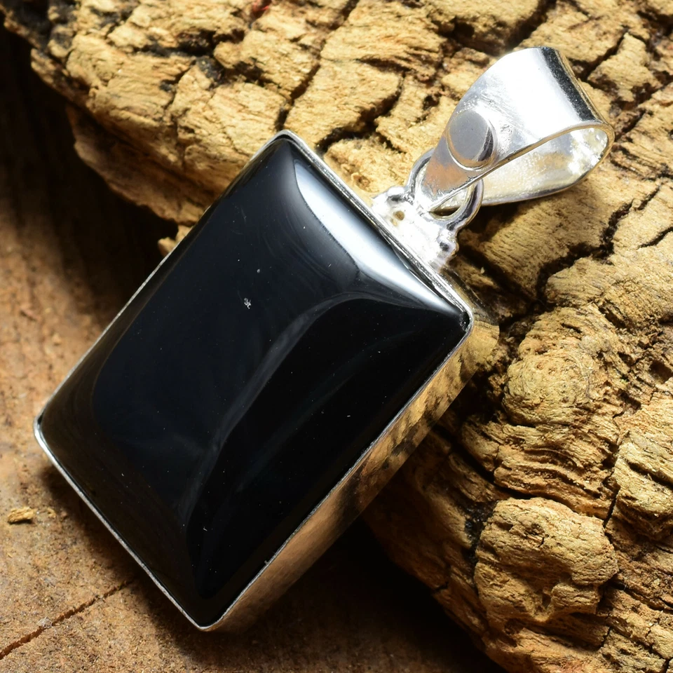 Fabulous Black Onyx Gemstone 925 Sterling Silver Handmade Pear Pendant FK-91 - Immagine 3 di 4