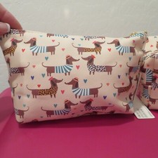 Cream Dachshund Makeup Tote Carrying Bag Travel Hearts Pouch Vegan NWT