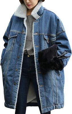 Women's Thick Fleece Lined Button Down Mid Long Quilted Denim Jacket Overcoat