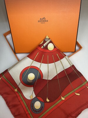 Hermes Scarf Carre 90 Blue Wine Red Gold Swing Silk 100 Golf Stole