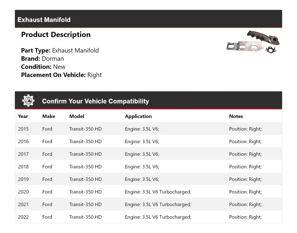 For 2015-2022 Ford Transit-350 HD Dorman Exhaust Manifold Right 2016 2017 2018 - Image 2 of 4