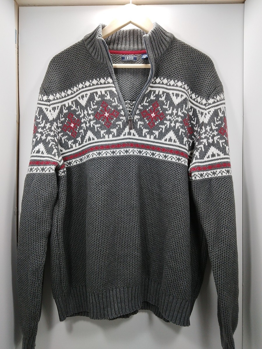 Izod Mens 1/4 Zip Gray/Red Size 2XL Long Sleeved Pullover Sweater Christmas
