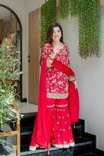 Luxury Red Womens Wear Faux Georgette Suit Set in Sequence Embroidery Work