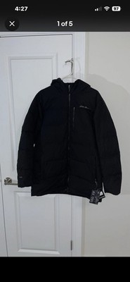 New $275 Eddie Bauer Black Coat Mens Eb550 Down Fill Winter Jacket Hooded Parka