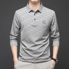 New Men's Business Casual Long Sleeved Shirt with Badge Solid Color Polo Shirt F