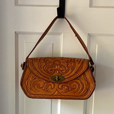 Vintage Leather Tooled Floral Shoulder Bag Brown Braided Strap Turn Lock