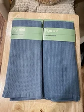 Waffle Kitchen Dish Towels (2 Pack), Blue/Grey 18" x 28" Figmint Tab To Hang NWT