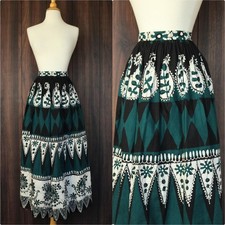Vintage 1960s 1970s Skirt, Black Teal and White Maxiskirt, Batik Print,