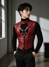 Mens Red Leather Harness Vest Gothic Corset Top, Punk Festival Outfit, Cyberpunk
