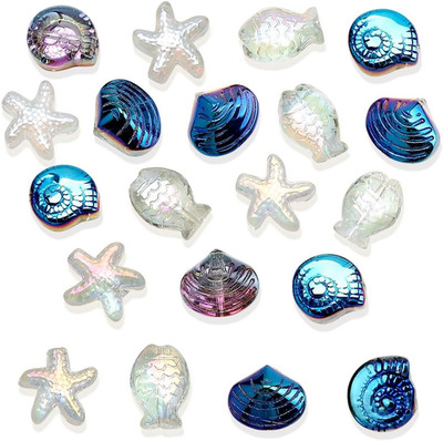 Ocean Theme Aesthetic Beads - Blue Snail Shell, White Starfish, Glass & Crystal