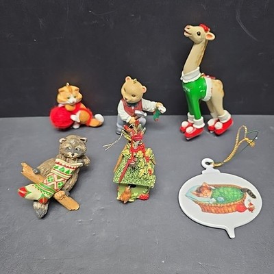 Hallmark Animal Christmas Ornaments Lot 6 1990s Cats Bears Giraffe WoodlandVtg