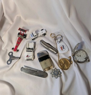 Vintage Junk Drawer Lot, Pocket Watches, Knives, Clock Key, Lighter, Cars (E)
