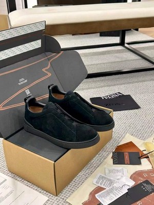 Zegna Mens Black Suede Triple Stitch Low Top Sleek All-Black Design Slip On