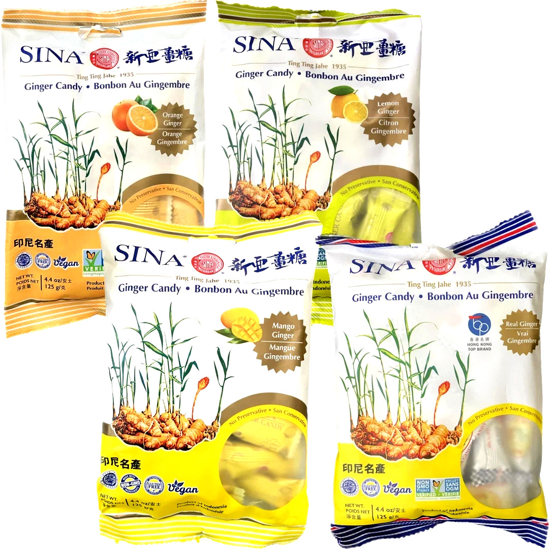Paquete Variedad Caramelos Masticables Sina Ginger (1 Naranja, 1 Limón, 1 Mango, 1 Original) 4.4oz
