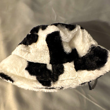 Women s Black White Faux Fur Cow Print Bucket Hat, Animal Print, One Size