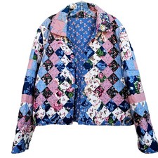 Vintage Cottagecore Handmade Quilted Patchwork Reversible Jacket Blue Pink L/XL