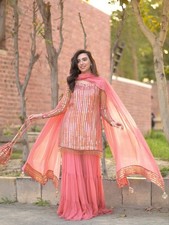 Heavy Faux Georgette Pink Top Palazzo With Dupatta For Women Functional Wear