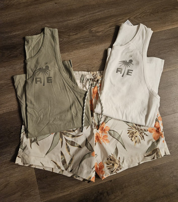 Mens American Eagle 3pc Set 2 Tank Tops Size S + Floral Drawstring Shorts Size M