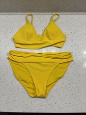Aerie Womens Size Small Pique Yellow High Waisted Bikini Bottom  Top Full Set