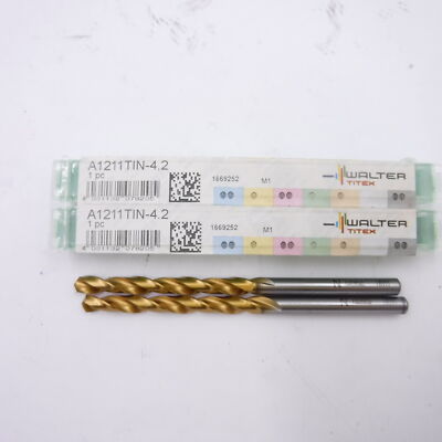 2x Walter-Titex 4.2mm 118° High Speed Steel Jobber Drill TiN Finish, RH Cut