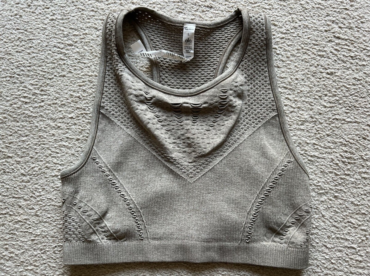 Alo Yoga Sand Brown Crop Tank Top Tee Laser Cut Mesh Seamless