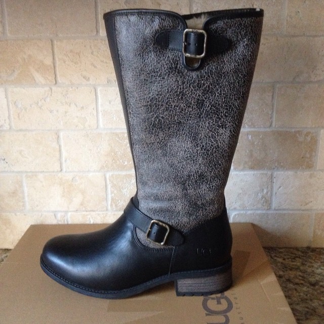 UGG Chancery Bomber Black Leather Riding Equestrian Tall Boots Size 6