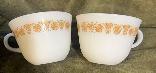 Vintage Pyrex Butterfly Gold Milk Glass Coffee Tea Cups Mugs Set Of 2 (1940)
