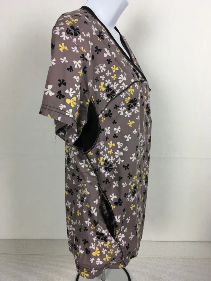 Sketchers Womens Scrub Top Size M Brown w Bows V neck Pockets Short Sleeves - Image 3 of 4