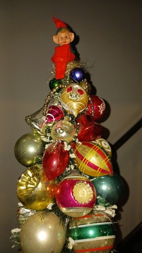 Vtg Bottle brush Xmas Tree glass Shiny Brite Poland ornaments Knee Hugger Elf - Picture 2 of 12