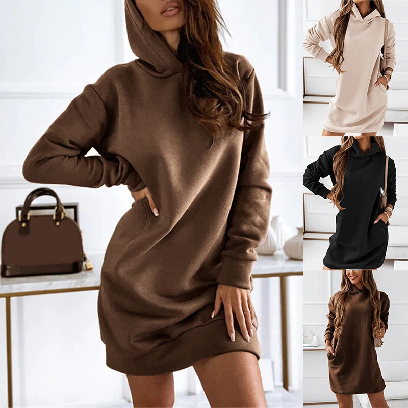 Women Long Sleeve Hoodie Jumper Dress Pullover Sweatshirt Hoodie Hooded  Dress