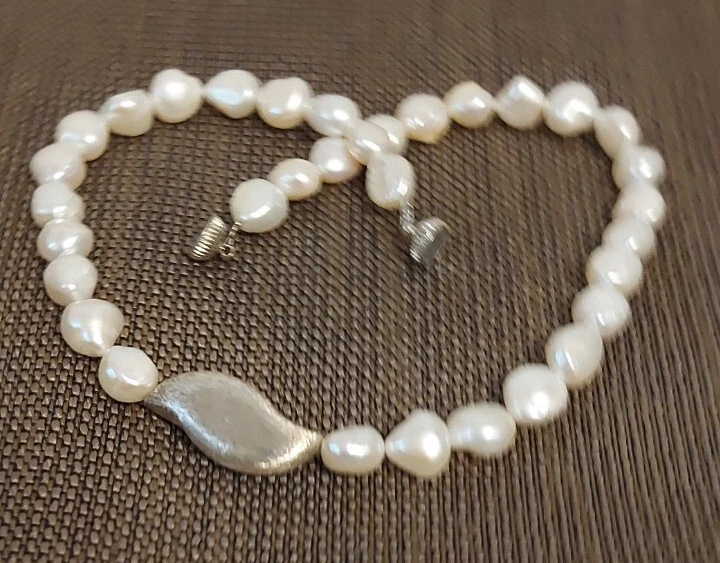 Handmade Perlenkette mit schrägen Silberstück Unikat L: 46 cm Natur Perlen Kette - Bild 2 von 4