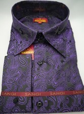 Mens Glossy Black Purple Paisley High Collar Designer Shirt SANGI MILAN 2042