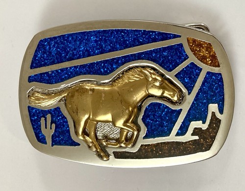 Running Horse Stallion Chrome Metal Belt Buckle Embedded Glittered Resin Western - Picture 2 of 14