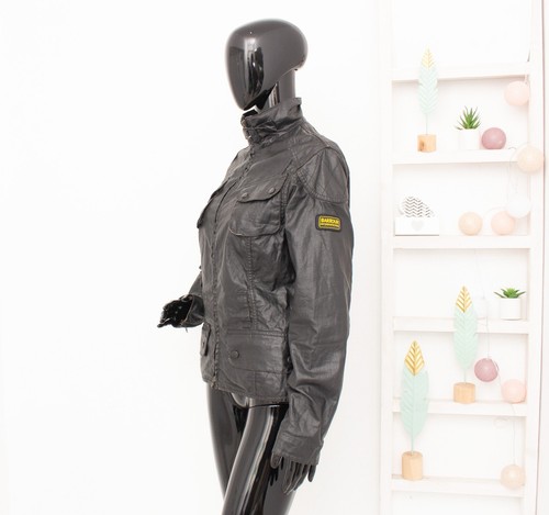Barbour International Biker Jacket Linen Waxed Black Coat Women's Size UK12 US8 - Picture 6 of 17