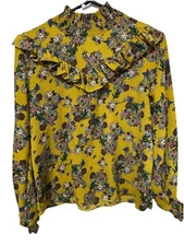FASHION KOREAN Spring Floral Golden Blouse with Ruffles and Puff Sleeves Size XS