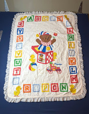 Crib Quilt Coverlet White/Multicolor Animal Alphabet Border Quilted Ruffled