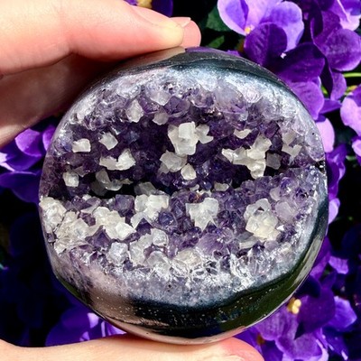 Brazilian Dark Purple Amethyst & Calcite Cubes Druzy Geode Open Crystal Sphere