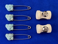 Vintage 1950s 4 Blue Bear Baby Diaper Pins and 2 Baby Rattles