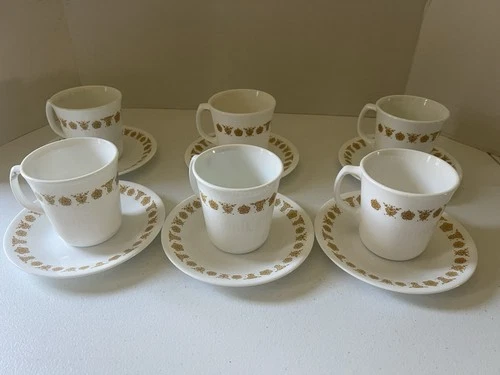 Set of 6 Corelle Corning BUTTERFLY GOLD Coffee Mugs Cups D-Handle With Saucers