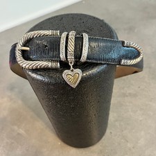 Vintage Brighton Black Leather Belt Silver Heart charm Buckle western Med RARE